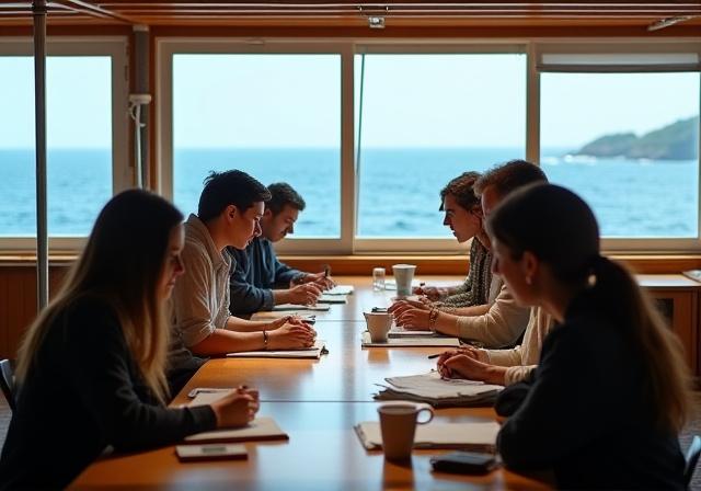 Gäste beim Schreibworkshop am Fenster mit Meerblick